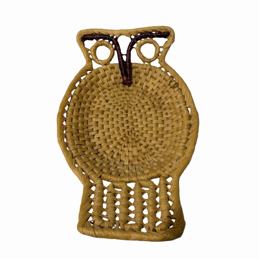 Vintage Mid Century Owl Wicker Basket Wall Hanging Boho Decor Rattan 11" x 7" In
